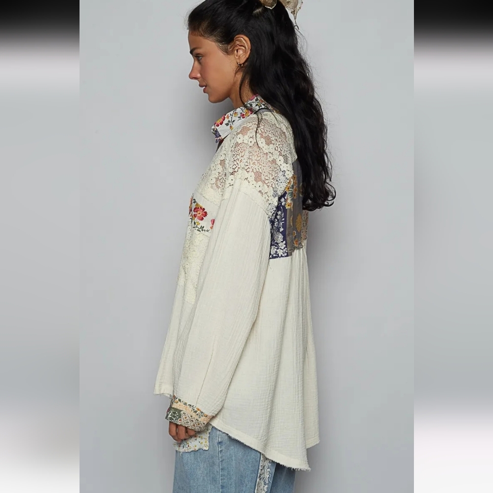 🔒POL Ivory Multi Lace Bohemian Patchwork Lace Blouse - Picture 3 of 4